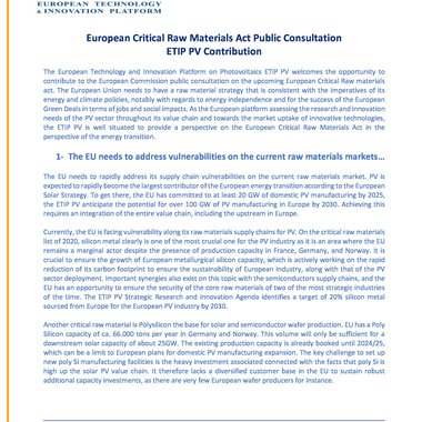 European Critical Raw Materials Act Public Consultation ETIP PV Contribution