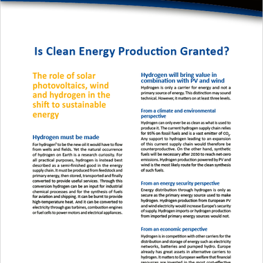 Is Clean Energy Production Granted? The role of solar PV, wind and hydrogen in the shift to sustainable energy