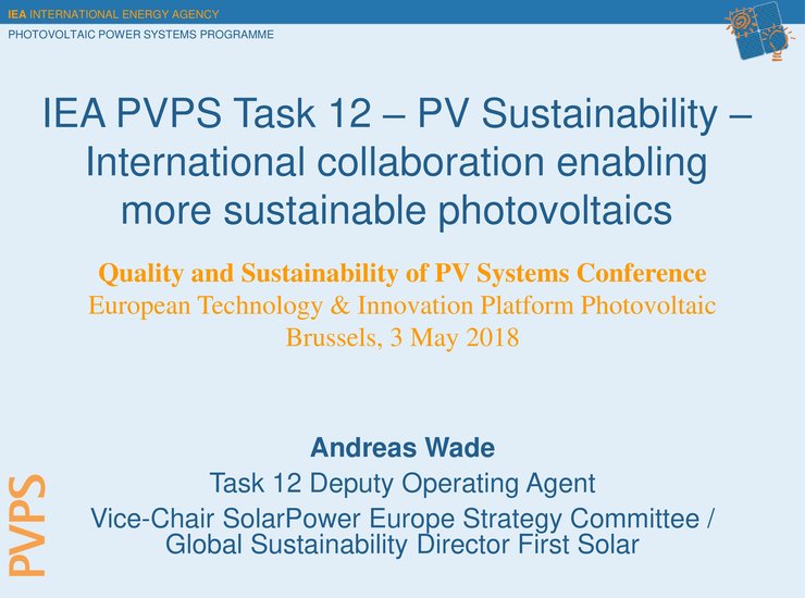 IEA PVPS Task 12 – PV sustainability – International collaboration enabling more sustainable photovoltaics