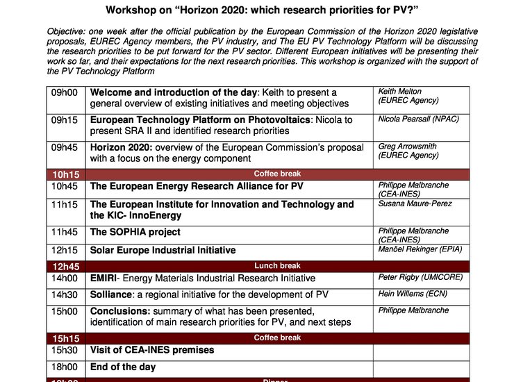 Workshop on “Horizon 2020: which research priorities for PV?” - Agenda