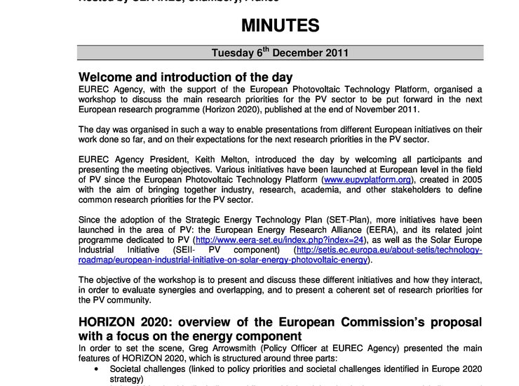 Workshop on “Horizon 2020: which research priorities for PV?” - Minutes